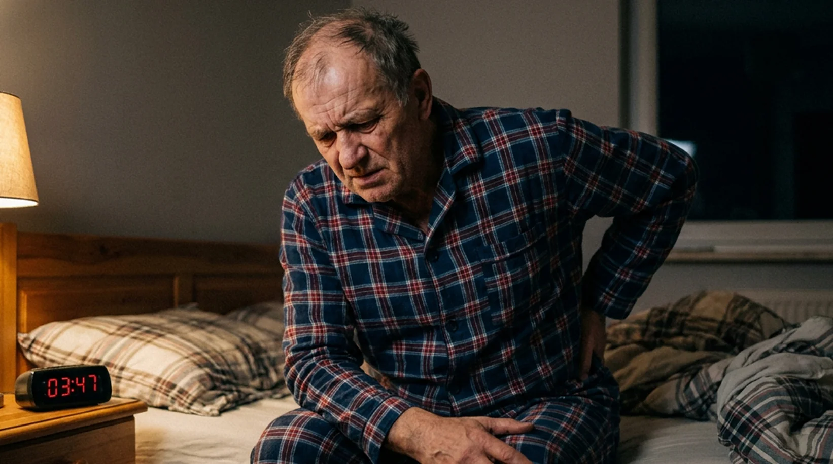 Andrzej siedzi na krawędzi łóżka